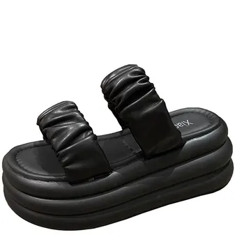 5 см Массивные тапочки на платформе для женщин с открытым носком и толстым низом кожаные танкетки сандалии женские летние пляжные шлепанцы