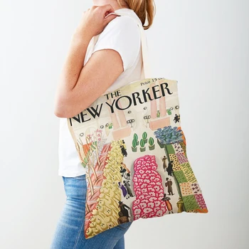 Двойная печать The New Yorker City Magazine Женские сумки для покупок Повседневная сумка для покупок Винтажная леди холст тотализатор лист цветочная сумка