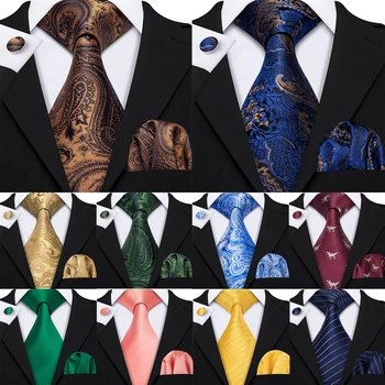 Шелковый мужской галстук Набор запонок Жаккардовый коричневый синий золотой розовый цветочный пейсли полосатые галстуки для свадебного бизнеса Барри Ван 0