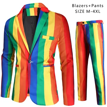 2024 Мужская осень Новый красочный полосатый повседневный костюм Молодежный 3D-печатный костюм Набор из 2 предметов