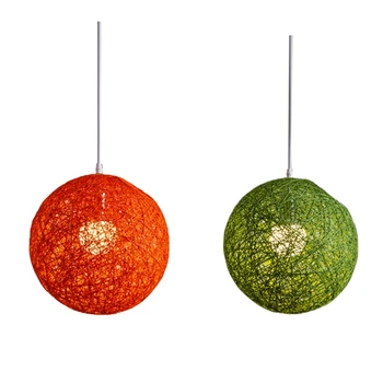 2X Зеленый / оранжевый бамбук, ротанг и конопляный шар Люстра Индивидуальное творчество Сферическое ротанговое гнездо Абажур
