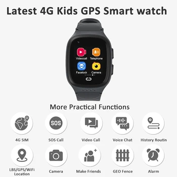  черные детские смарт-часы с GPS-трекером и видеозвонками, одноклавишный SOS-звонок, голосовой чат, камера, GPS-трекер, часы для детей 4