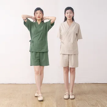 хлопок льняная летняя пижама для женщин с коротким рукавом однотонная пижама свободного большого размера женская пижама 2 шт. Домашняя одежда