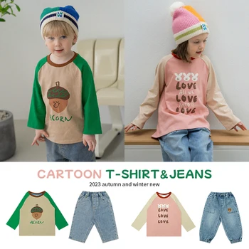 корейские футболки для девочек и мальчиков джинсы на 2023 год Новинка PS Autumn Детские хлопковые футболки с длинным рукавом Топы Брюки Детская одежда