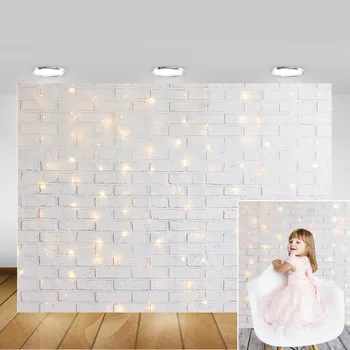 Фотография Белый кирпичный фон стены для фотозвонка Мигающие блестящие огни Дети День рождения Портрет Фото Фон