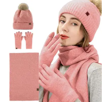  Зимняя шерстяная шапка Шапка-шарф Перчатки Набор для женщин Шапочка с помпоном Длинный шарф Шея Теплые перчатки