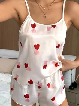 Lounge Женский атласный шелковый пижамный комплект без рукавов с принтом сердца Cami Топы Повседневные шорты Комплекты пижамы Домашние костюмы