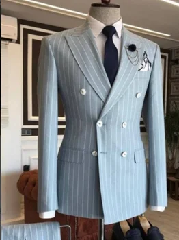Светло-голубой двубортный полосатый мужской пиджак пиджак блейзер брюки мужские комплекты свадебная одежда костюм homme 2pcs куртка брюки