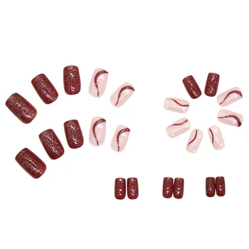  Винно-красные волнистые квадратные накладные ногти Водонепроницаемые и устойчивые к царапинам накладные ногти для покупок на вечеринках для свиданий