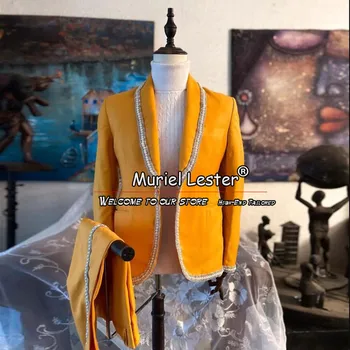 Золотые свадебные костюмы для мужчин Slim Fit Crystals Trim Остроконечная куртка с лацканами Брюки 2 шт. Жених Смокинг Мужской На Заказ Выпускной Одежда
